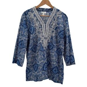 Charter Club Womens XL Blue Paisley‎ Embroidered Tunic Top Cotton Boho